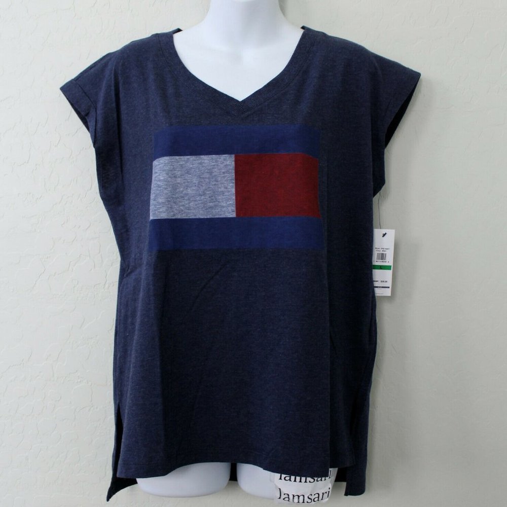 Tommy Hilfiger Flag V-Neck Hi-Lo Split Hem T-Shirt Size L